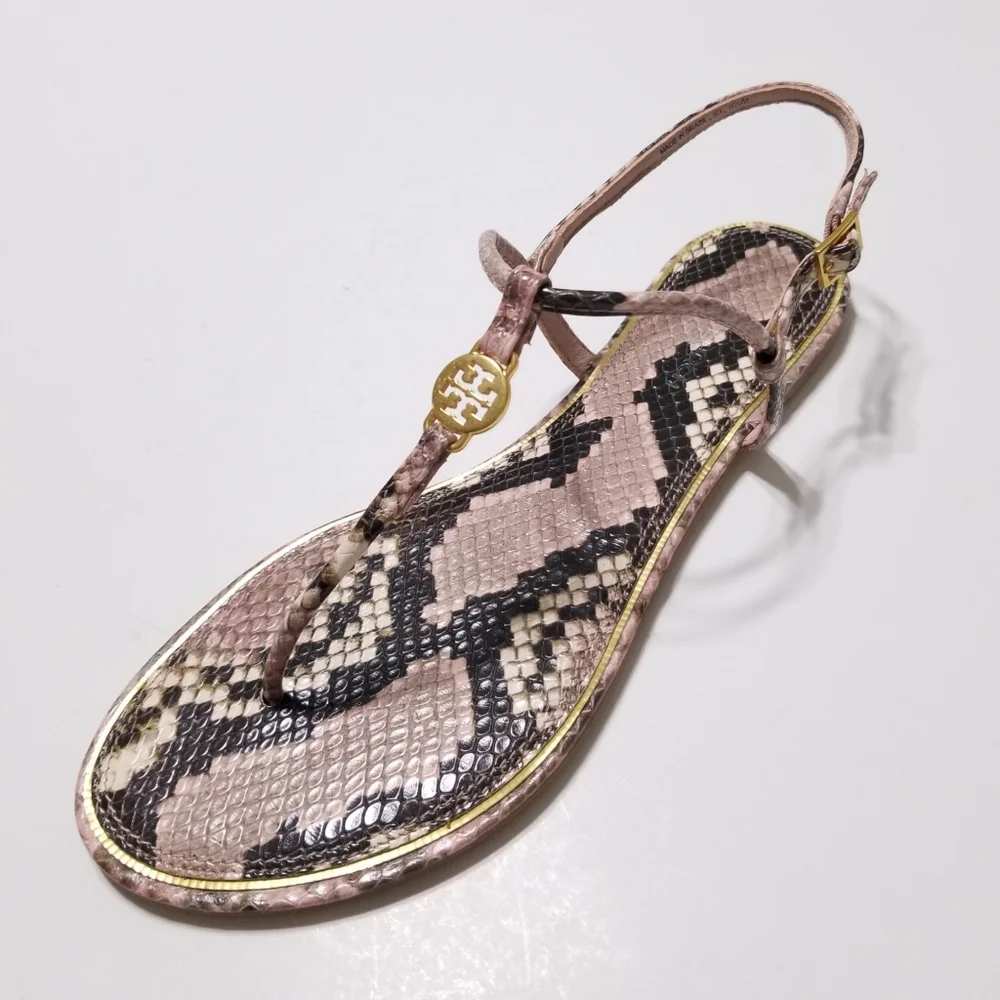 NIB Tory Burch Emmy Snake Printed‎ Leather T-Strap Flat Sandal in Misty Rose